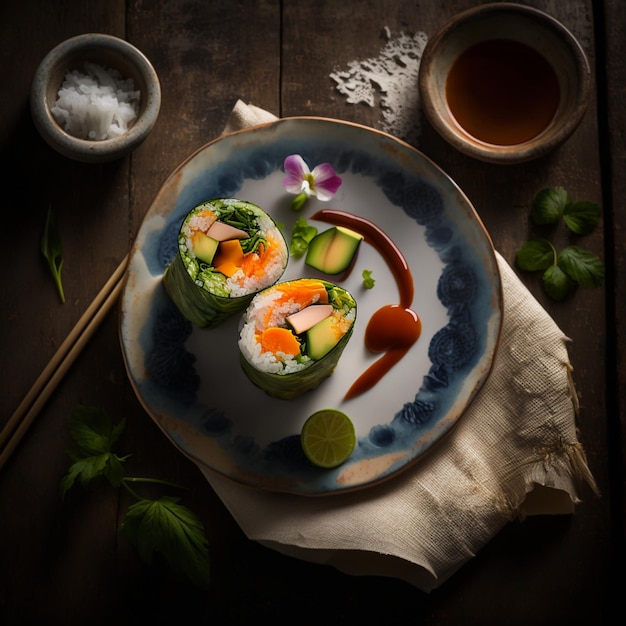 Un plato de sushi con una flor encima.