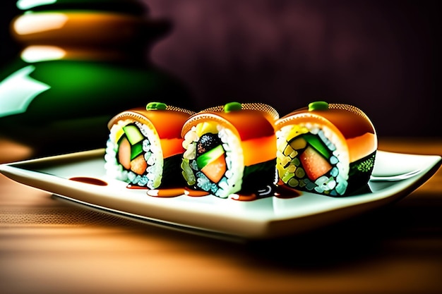 Un plato de sushi con un fondo verde y un fondo verde.