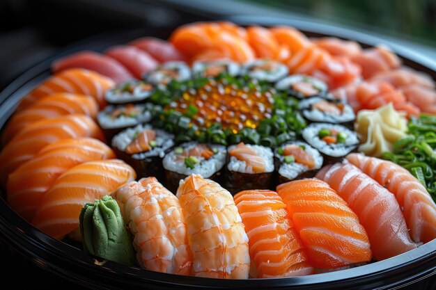 Un plato de sushi fresco expuesto en la mesa