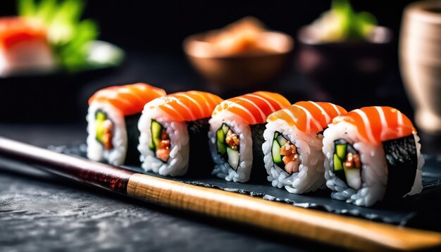 Plato de sushi gourmet en un fondo oscuro