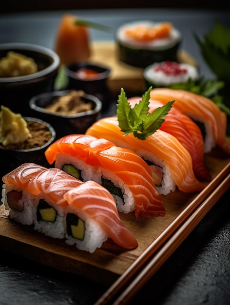 Un plato de sushi con una hoja verde