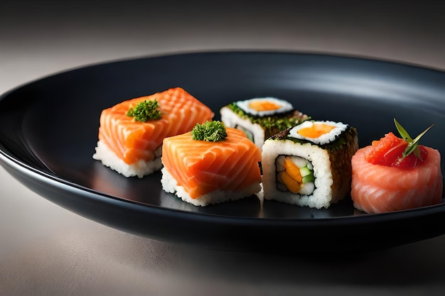 Un plato de sushi con una hoja verde