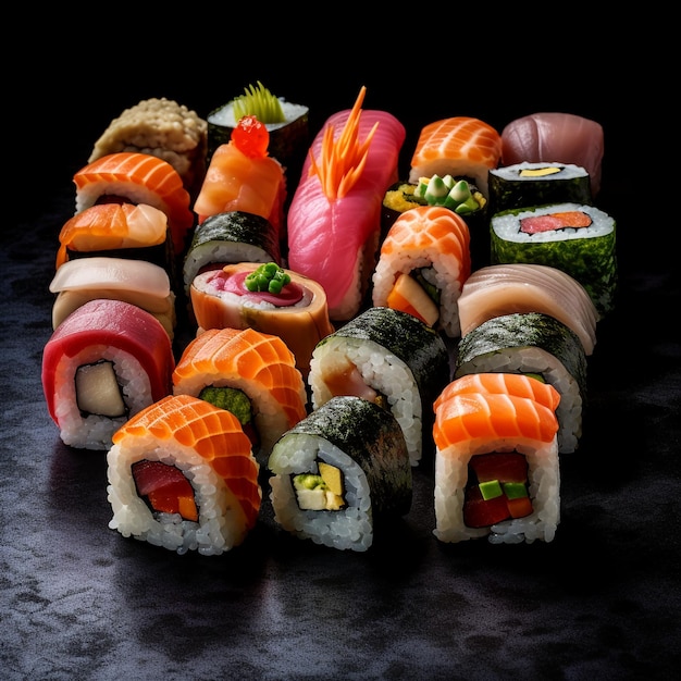 Un plato de sushi con una hoja verde