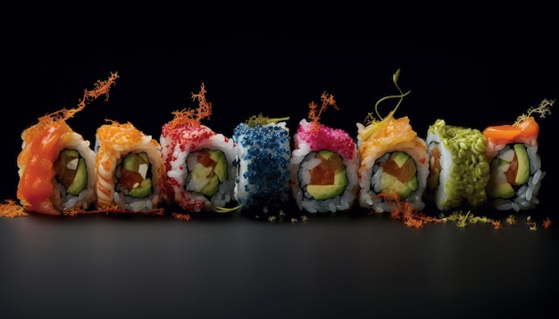 Plato de sushi maki de mariscos frescos refresco saludable generado por la IA