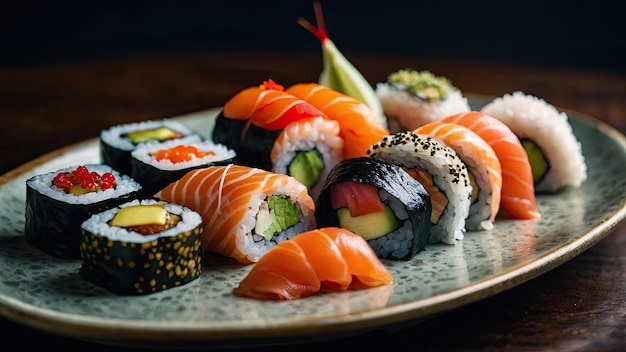 Un plato de sushi con una mezcla de rollos tradicionales y de vanguardia