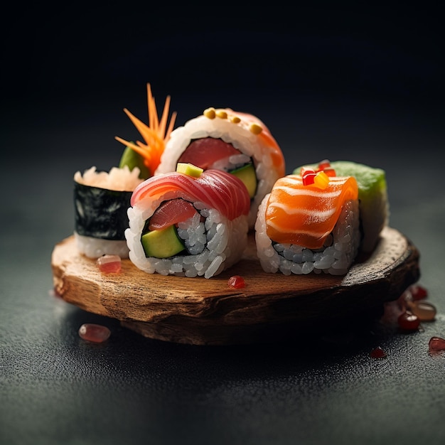 Un plato de sushi con muchos ingredientes diferentes.