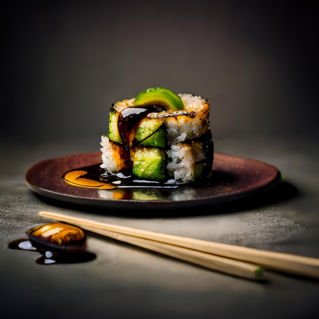 Un plato de sushi con palillos al lado