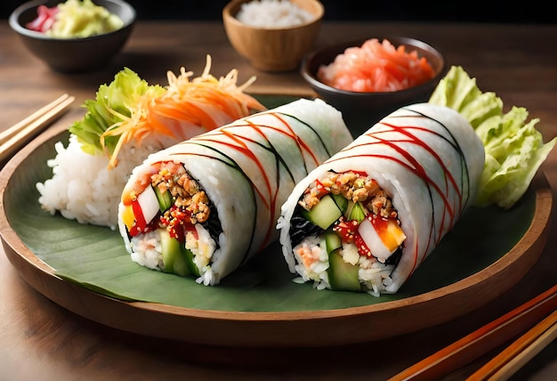 Foto un plato de sushi con palillos de madera y algunos otros alimentos en él