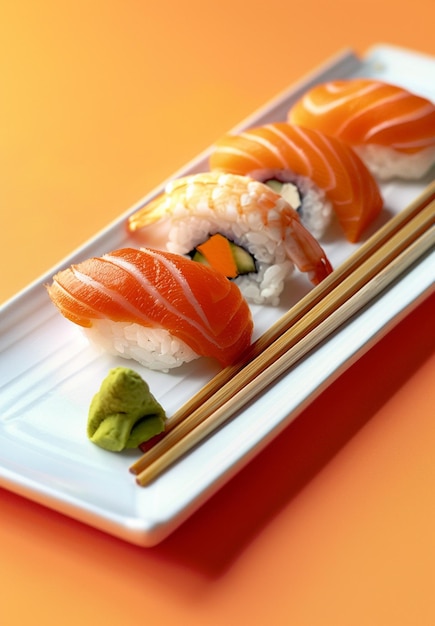 Foto un plato de sushi con palillos en él