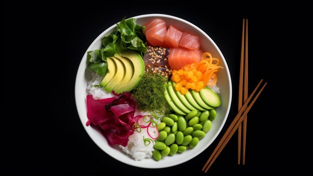 Un plato de sushi con un par de palillos al lado