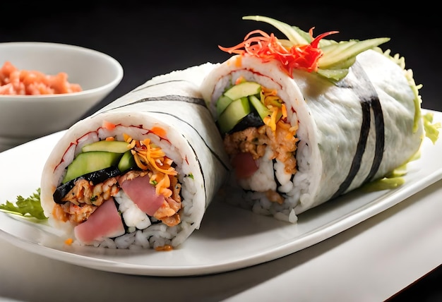 un plato de sushi con una pieza de sushi en él