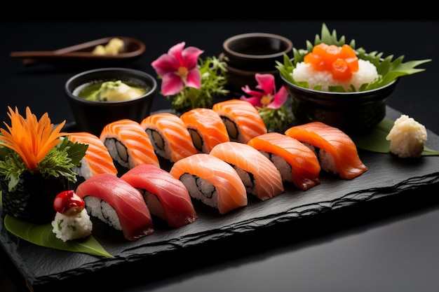 Plato de sushi en una pizarra negra