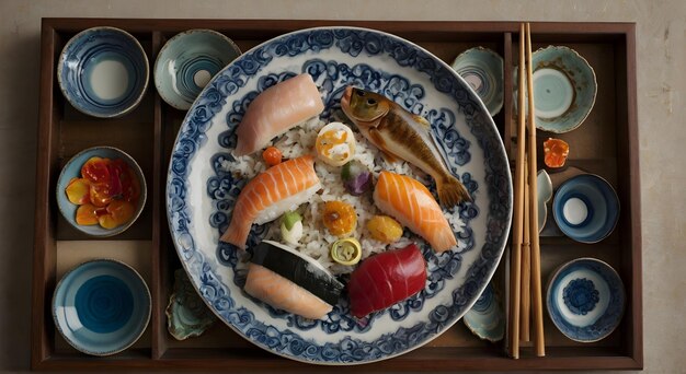 un plato de sushi con un plato azul y blanco con un borde azul