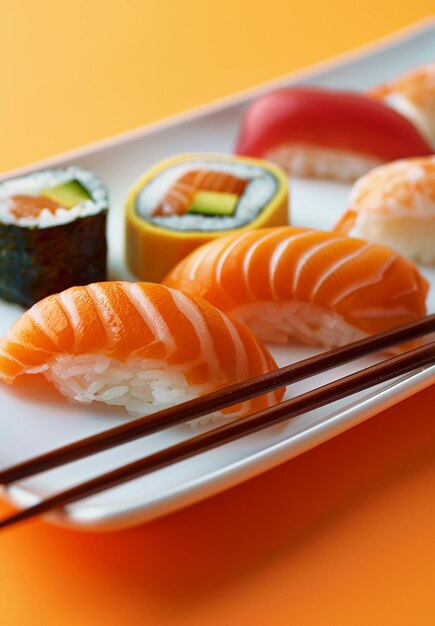 Foto un plato de sushi con un plato blanco y palillos