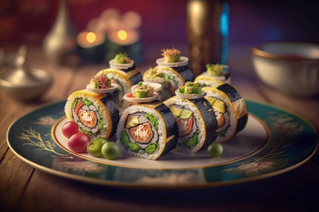 Foto un plato de sushi con un plato de diferentes sabores.