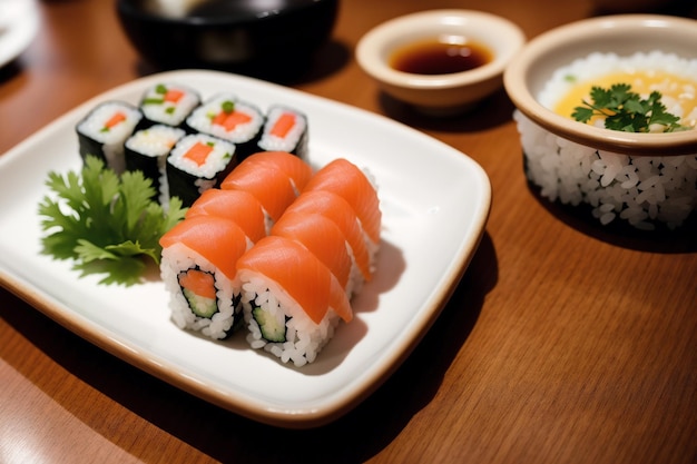 Un plato de sushi y un plato de salsa están sobre una mesa.