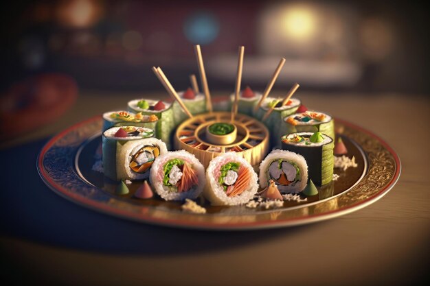 Un plato de sushi con un plato de sushi encima