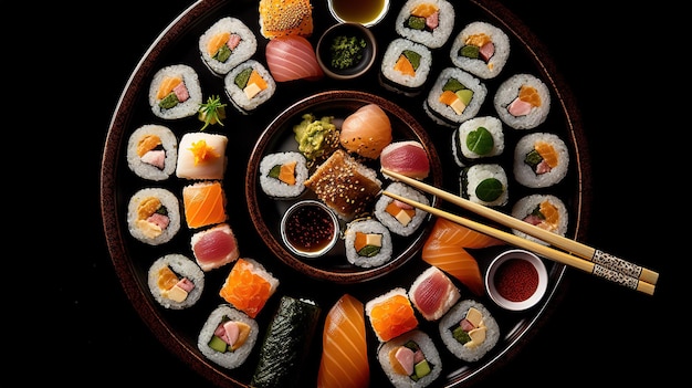 Un plato de sushi con un plato de sushi encima