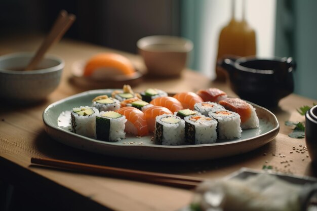 Un plato de sushi con un plato verde.