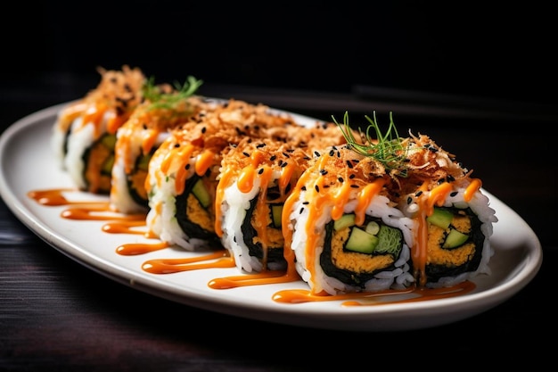 un plato de sushi con unas pocas piezas de sushi en él