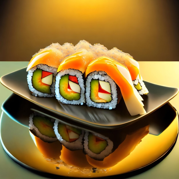 Un plato de sushi con un reloj