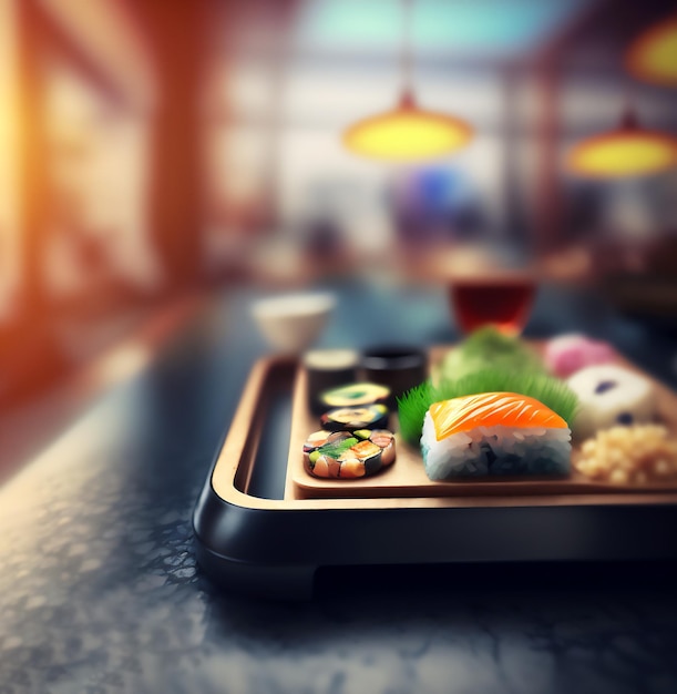 Plato con sushi en un restaurante de fondo borroso. Generar por IA.