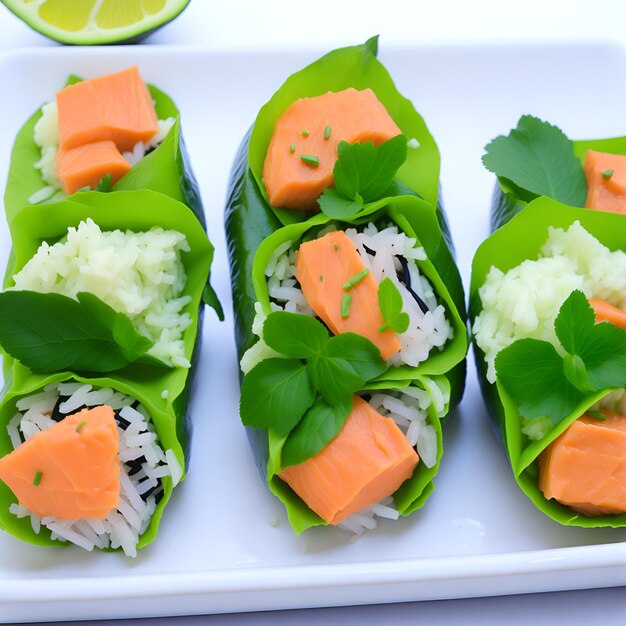 Un plato de sushi con salmón y arroz