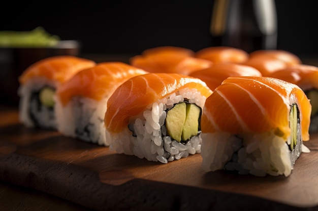 Un plato de sushi con salmón encima