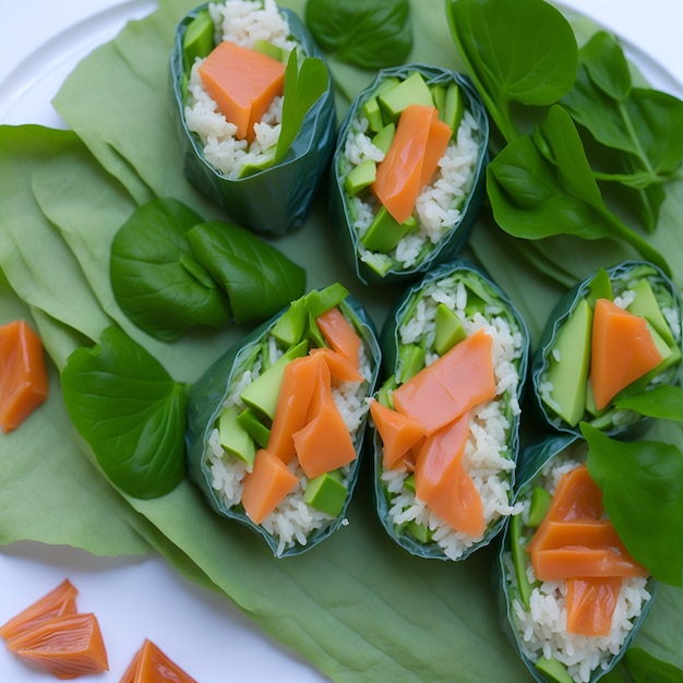 Un plato de sushi con salmón y espinacas