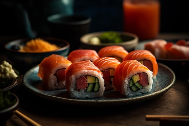 Un plato de sushi con salmón IA generativa