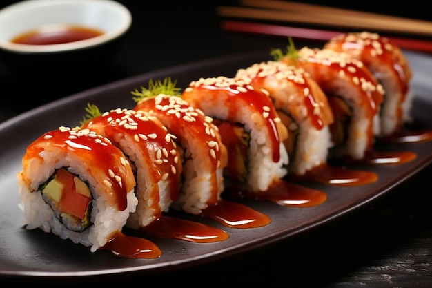 un plato de sushi con una salsa roja y un tazón de salsa de soja