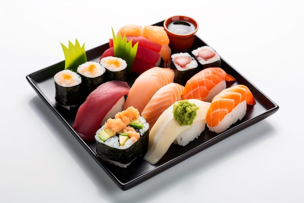 Un plato de sushi con salsa