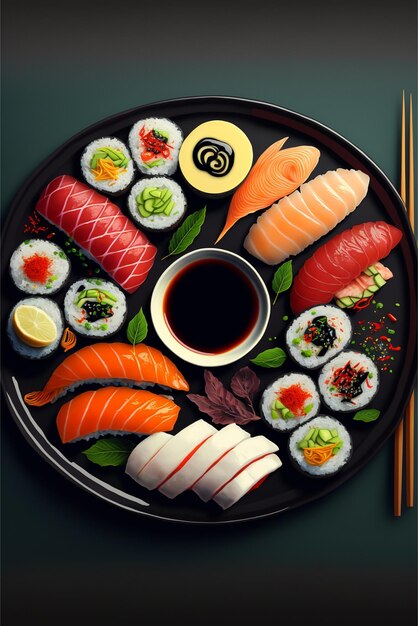 Un plato de sushi con salsa