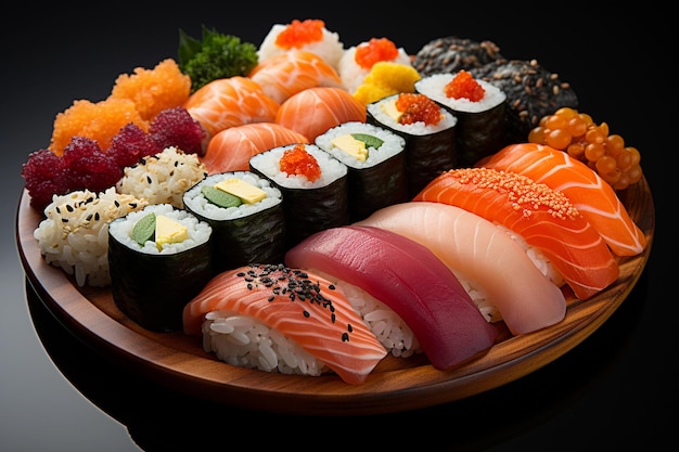 Un plato con sushi sashimi y wasabi