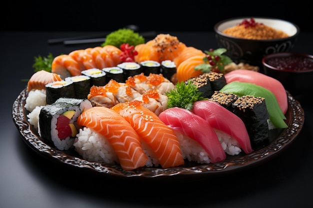 Un plato con sushi sashimi y wasabi