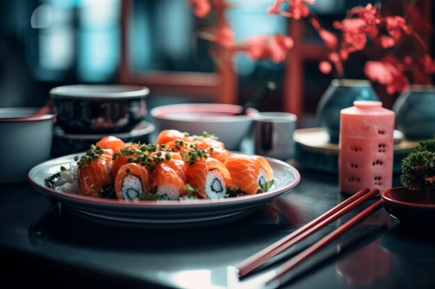 Foto un plato de sushi sobre una mesa con palillos