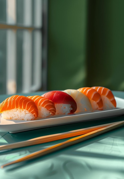 Foto un plato de sushi con tres tipos diferentes de pescado en él