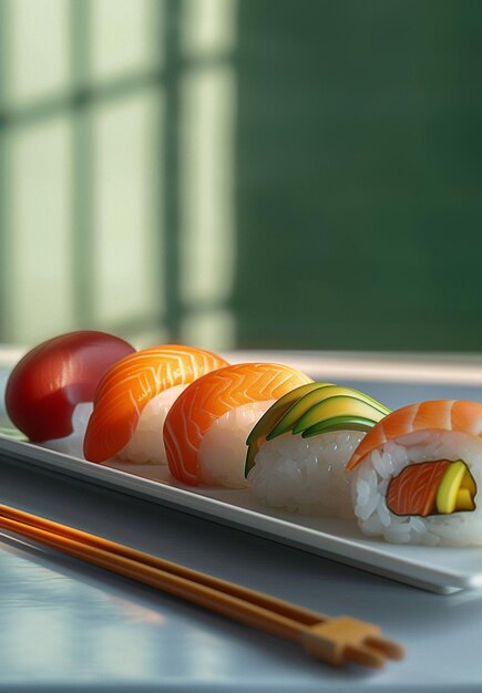 Un plato de sushi variado con palillos en el lado
