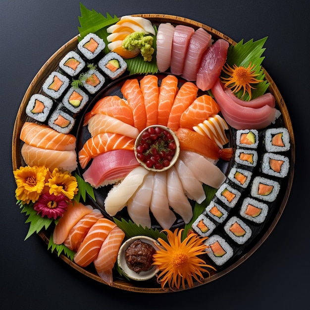 Foto un plato de sushi con una variedad de ingredientes que incluye una variedad de sushi.