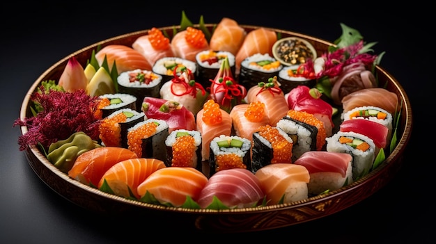 Un plato de sushi con una variedad de ingredientes.