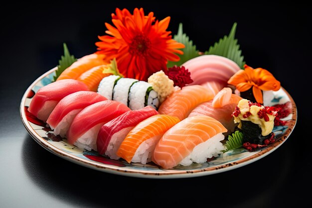 Un plato de sushi con una variedad de nigiri sashimi y rollos Generative Ai