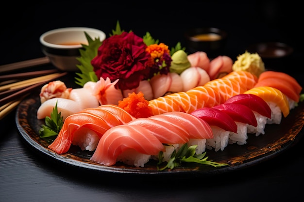 Un plato de sushi con una variedad de nigiri sashimi y rollos Generative Ai