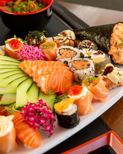 Foto un plato de sushi con una variedad de sabores diferentes.