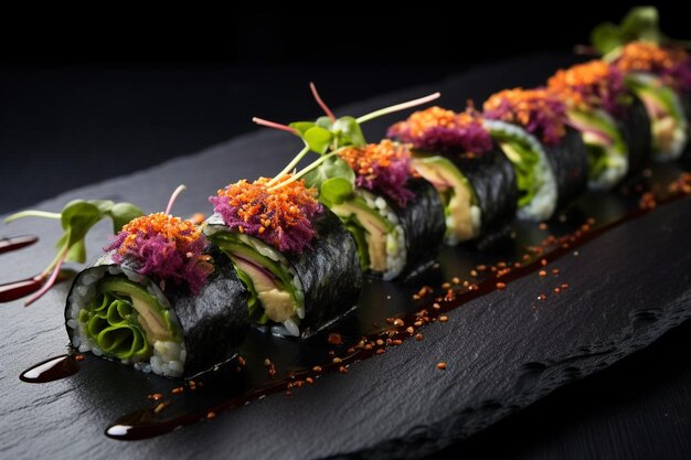 un plato de sushi con una variedad de verduras en él