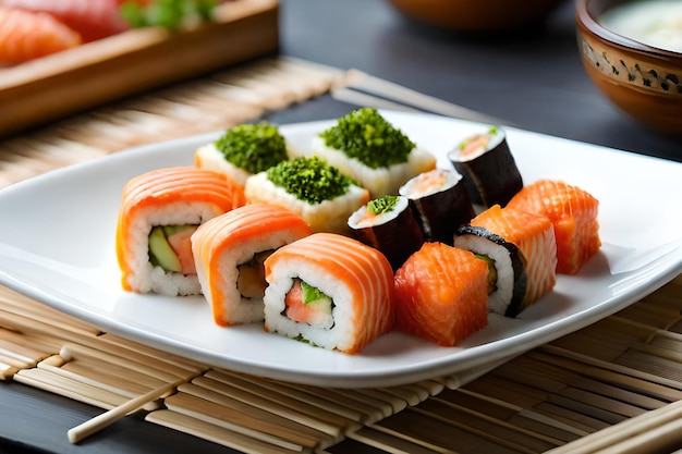 Un plato de sushi con una verdura verde encima