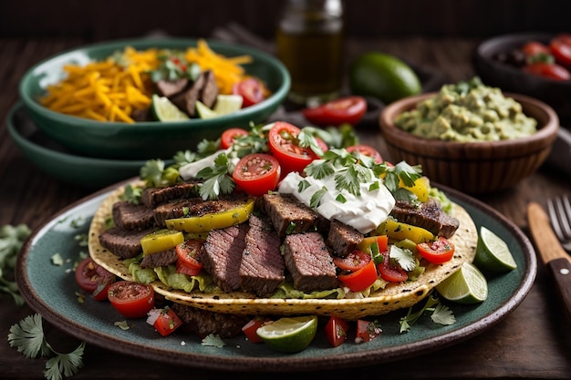 Plato de taco con verduras a la parrilla de carne y guacamole