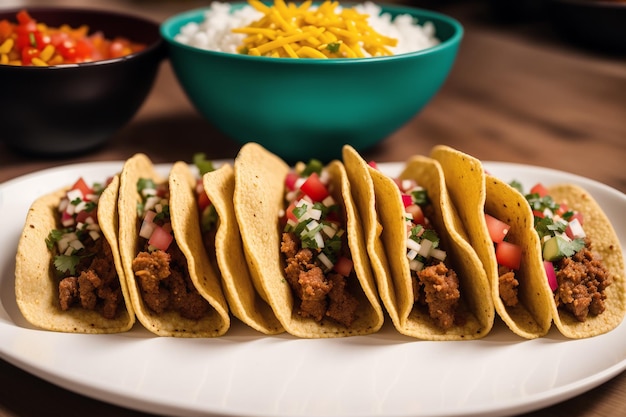 Un plato de tacos con un bol de arroz al fondo.