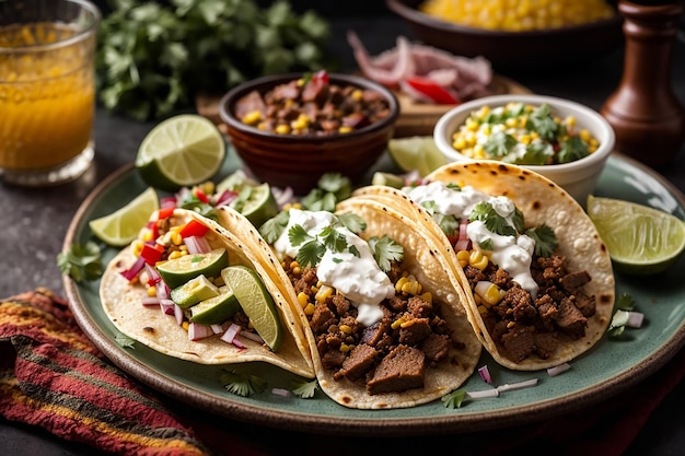 Plato de tacos callejeros mexicanos con carne asada chorizo y al pastor en tortillas de maíz