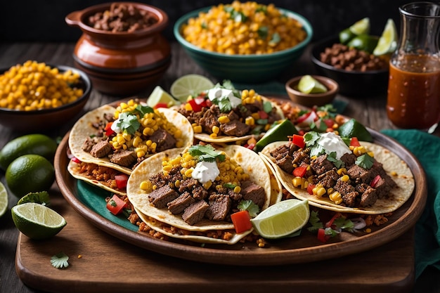 plato de tacos callejeros mexicanos con chorizo de carne asada y al pastor en tortillas de maíz