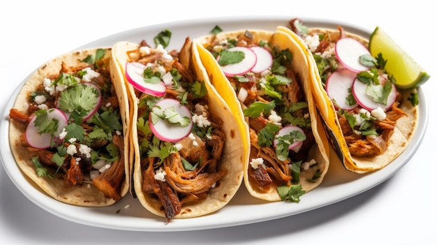 Un plato de tacos de cerdo desmenuzado con rábanos y rábanos.